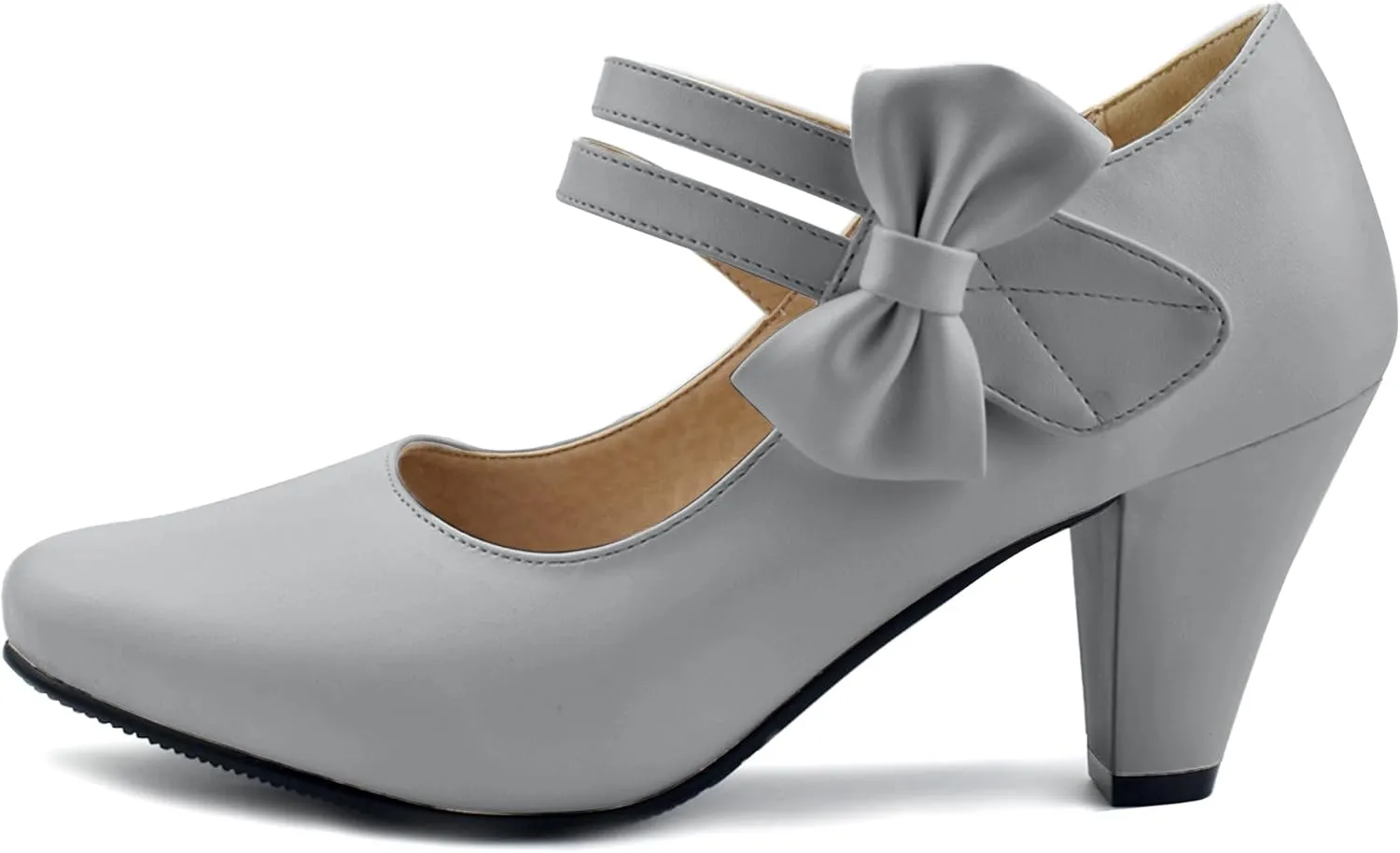 100FIXEO Chic Block High Heel Mary Jane Shoes Women Heels and Pumps Ladies Sweet Ankle Strap Dress Pumps Hook and Loop Bow Heels Closed Toe