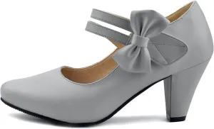 100FIXEO Chic Block High Heel Mary Jane Shoes Women Heels and Pumps Ladies Sweet Ankle Strap Dress Pumps Hook and Loop Bow Heels Closed Toe