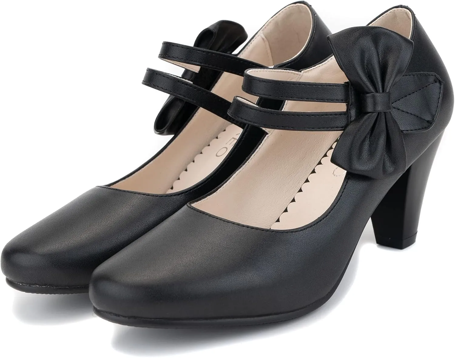 100FIXEO Chic Block High Heel Mary Jane Shoes Women Heels and Pumps Ladies Sweet Ankle Strap Dress Pumps Hook and Loop Bow Heels Closed Toe