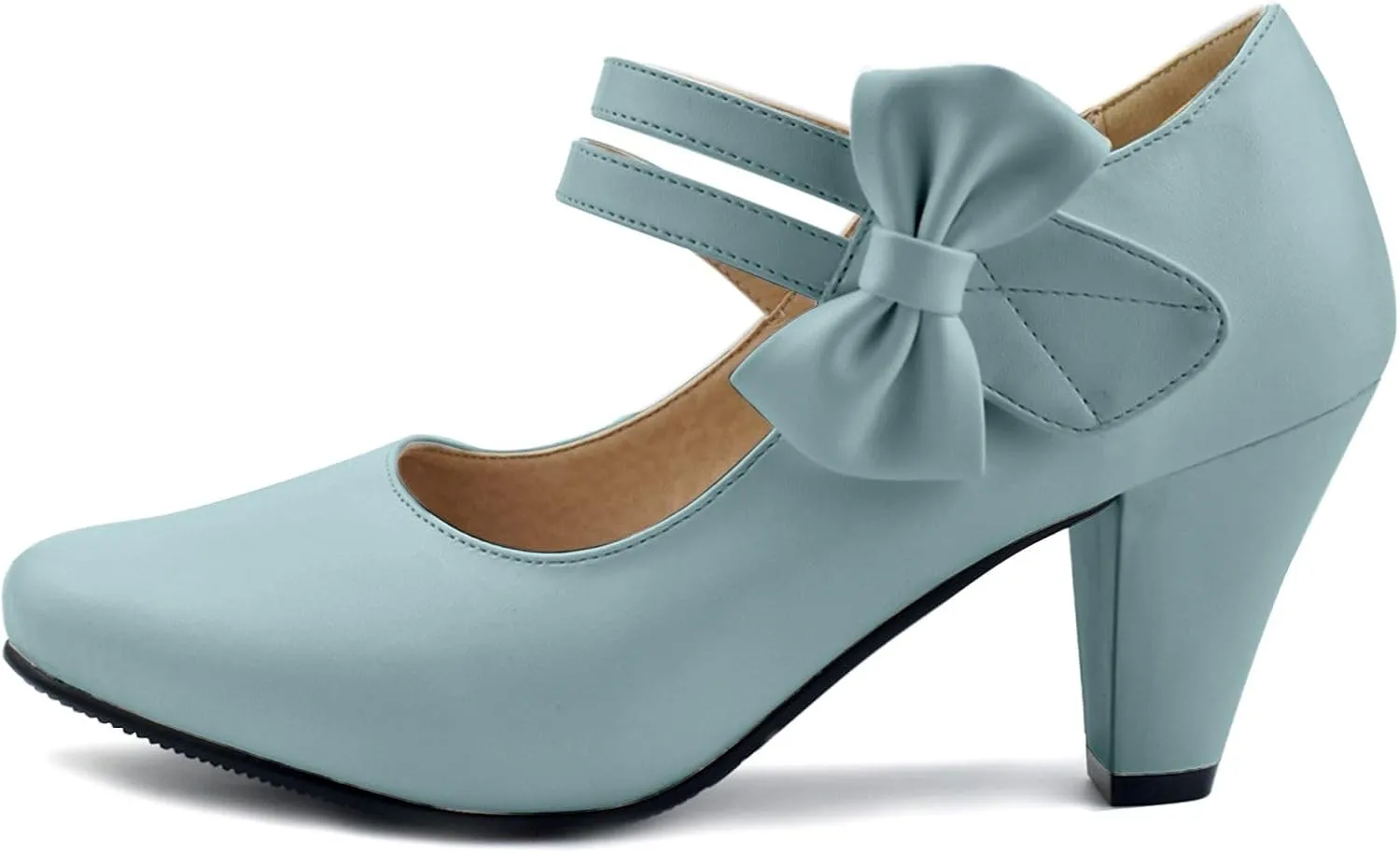 100FIXEO Chic Block High Heel Mary Jane Shoes Women Heels and Pumps Ladies Sweet Ankle Strap Dress Pumps Hook and Loop Bow Heels Closed Toe