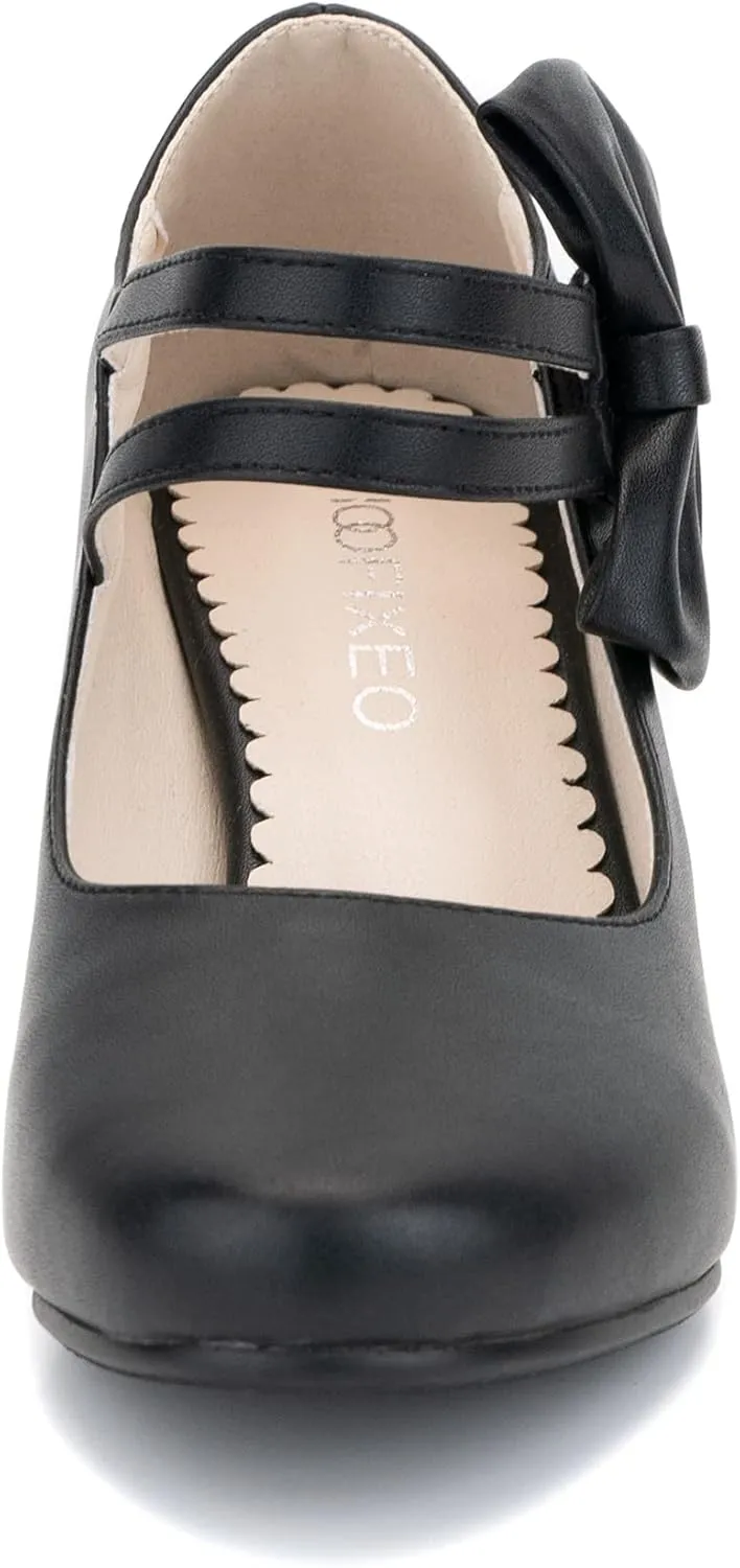 100FIXEO Chic Block High Heel Mary Jane Shoes Women Heels and Pumps Ladies Sweet Ankle Strap Dress Pumps Hook and Loop Bow Heels Closed Toe