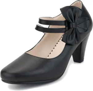 100FIXEO Chic Block High Heel Mary Jane Shoes Women Heels and Pumps Ladies Sweet Ankle Strap Dress Pumps Hook and Loop Bow Heels Closed Toe