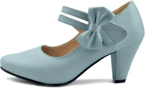 100FIXEO Chic Block High Heel Mary Jane Shoes Women Heels and Pumps Ladies Sweet Ankle Strap Dress Pumps Hook and Loop Bow Heels Closed Toe