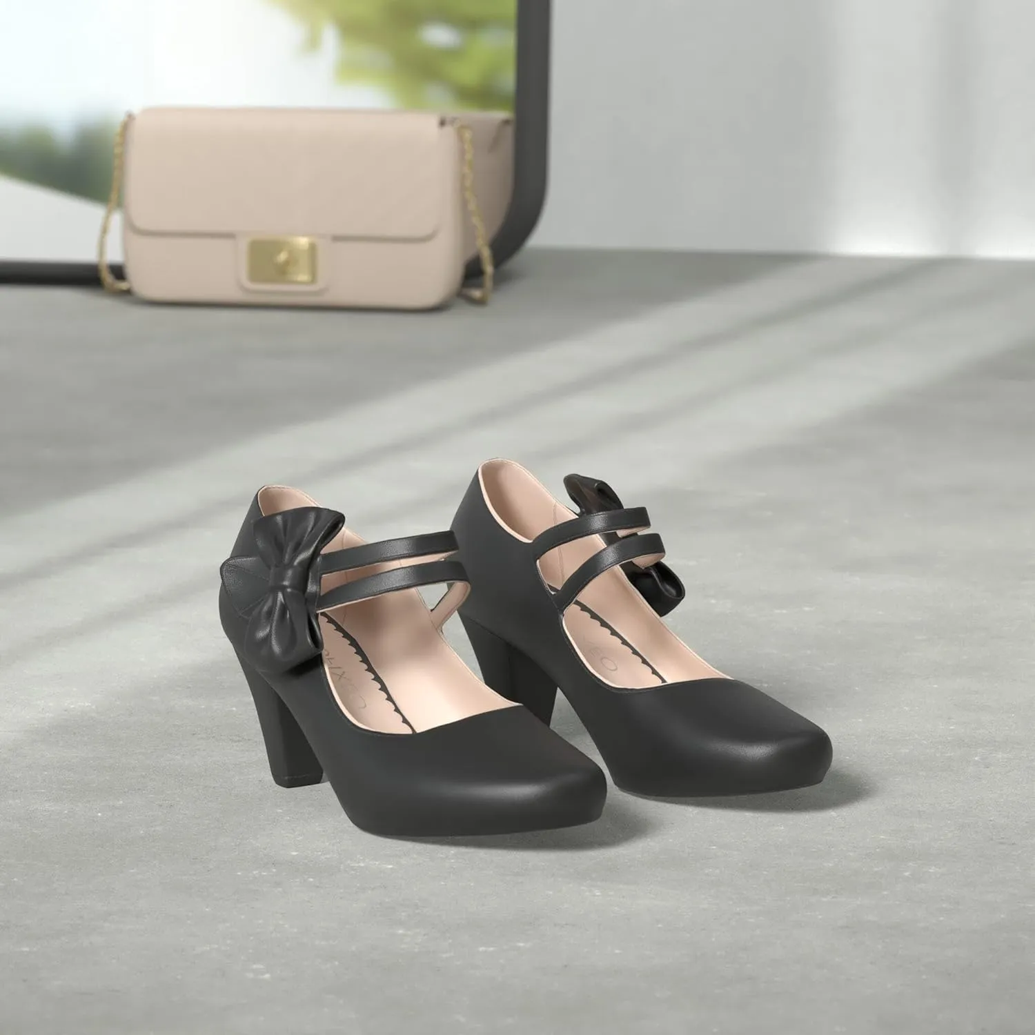 100FIXEO Chic Block High Heel Mary Jane Shoes Women Heels and Pumps Ladies Sweet Ankle Strap Dress Pumps Hook and Loop Bow Heels Closed Toe