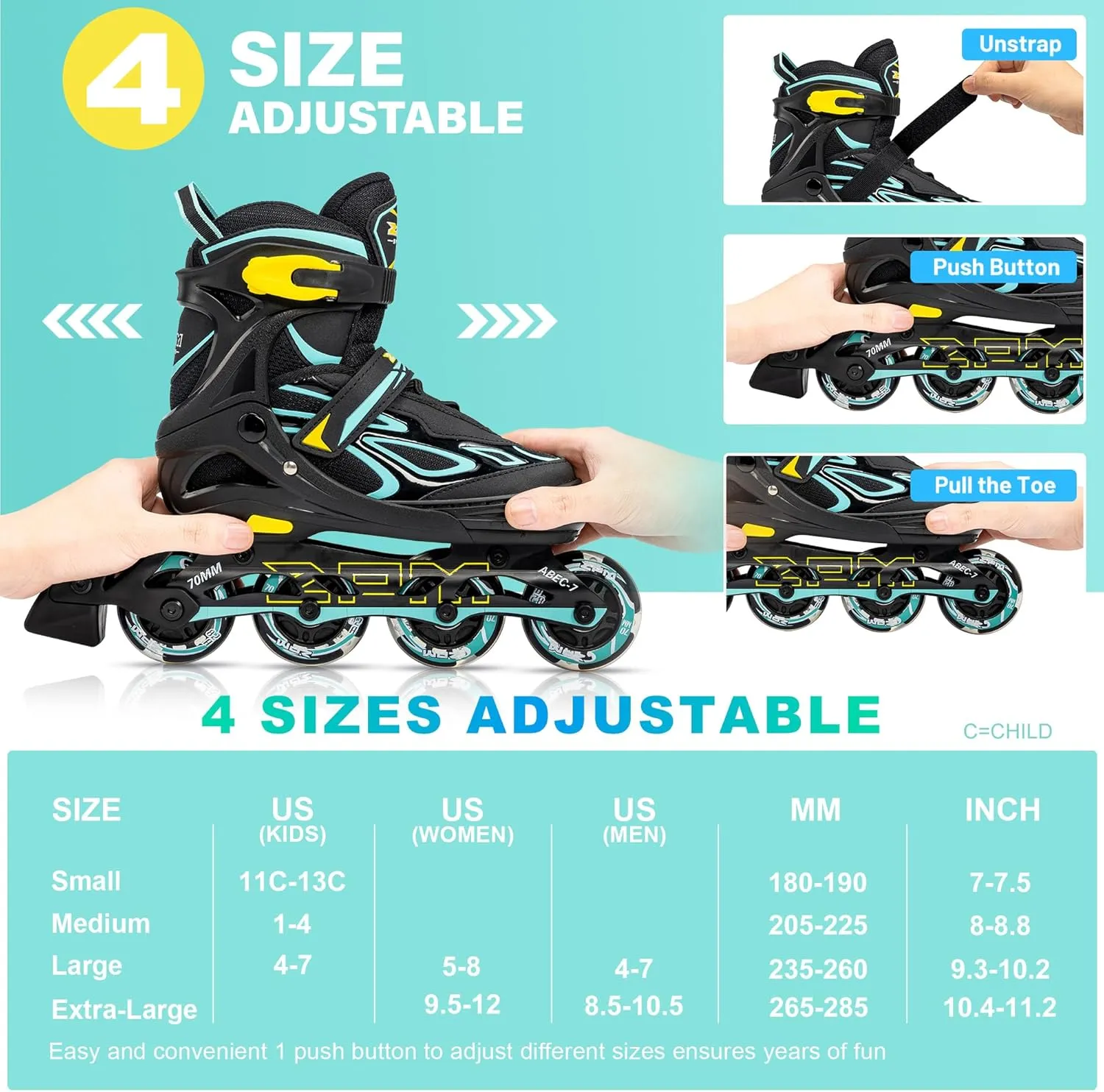 2PM SPORTS Vinal Girls Adjustable Flashing Inline Skates, All Wheels Light Up, Fun Illuminating Skates for Kids Men Adult Women and Boys