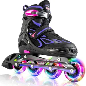 2PM SPORTS Vinal Girls Adjustable Flashing Inline Skates, All Wheels Light Up, Fun Illuminating Skates for Kids Men Adult Women and Boys