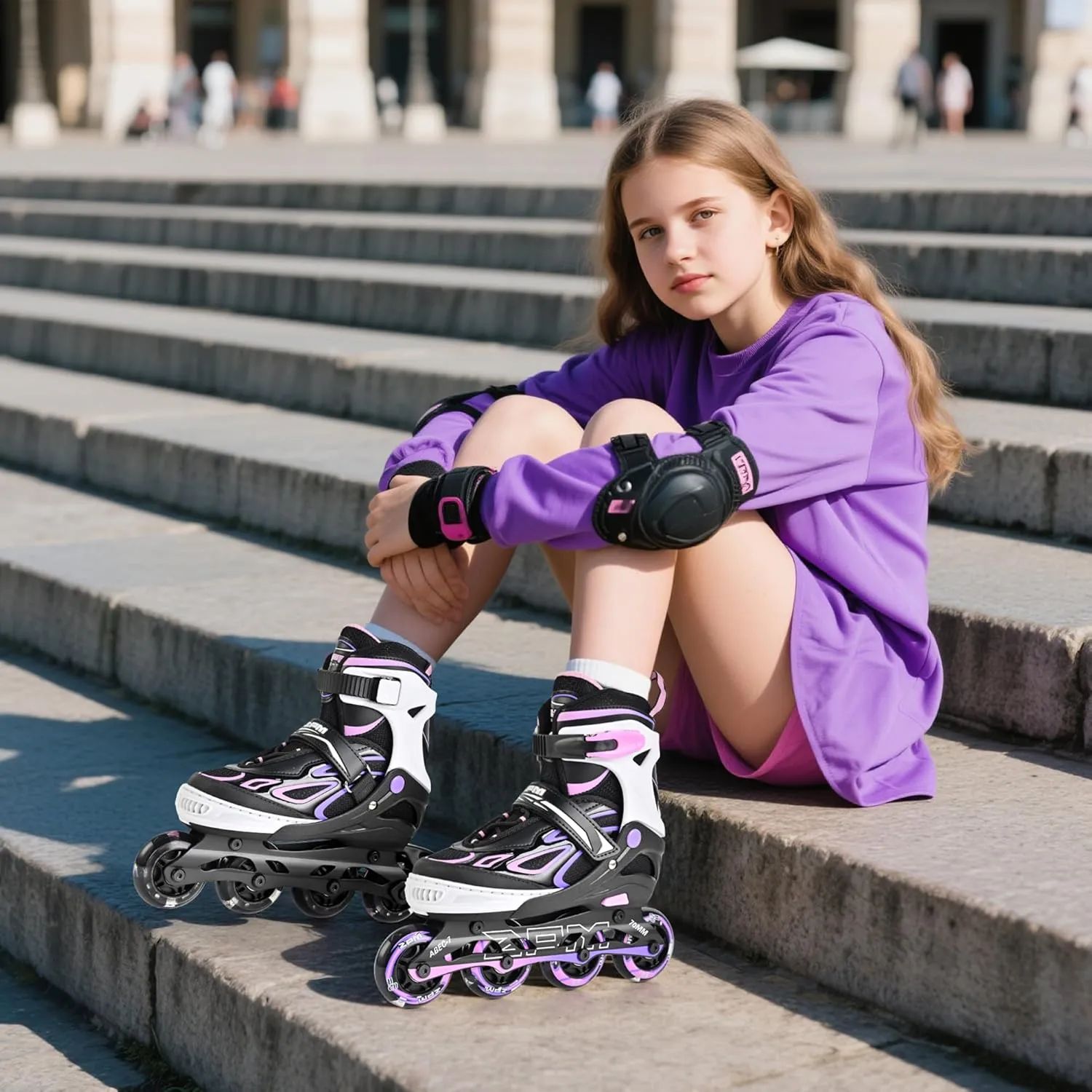 2PM SPORTS Vinal Girls Adjustable Flashing Inline Skates, All Wheels Light Up, Fun Illuminating Skates for Kids Men Adult Women and Boys