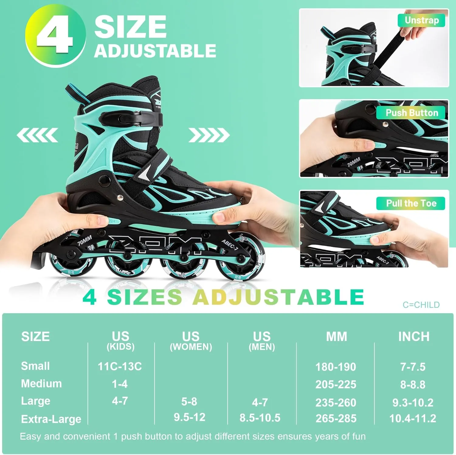 2PM SPORTS Vinal Girls Adjustable Flashing Inline Skates, All Wheels Light Up, Fun Illuminating Skates for Kids Men Adult Women and Boys