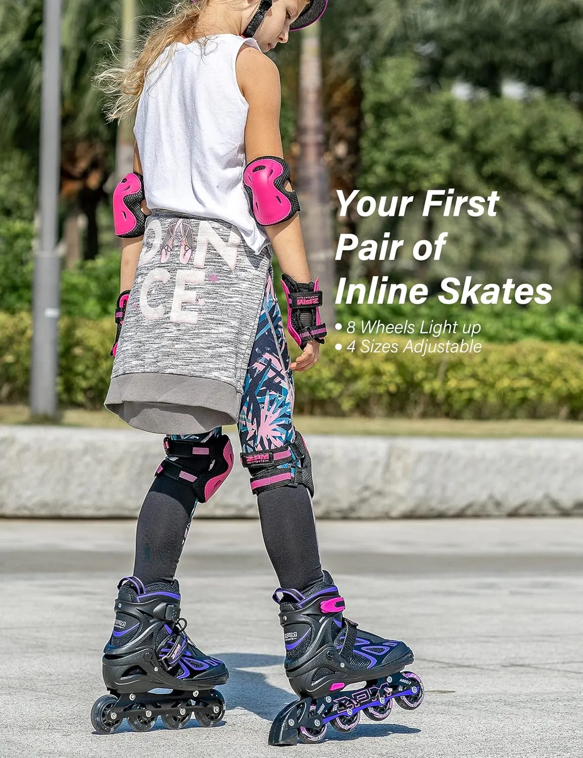 2PM SPORTS Vinal Girls Adjustable Flashing Inline Skates, All Wheels Light Up, Fun Illuminating Skates for Kids Men Adult Women and Boys