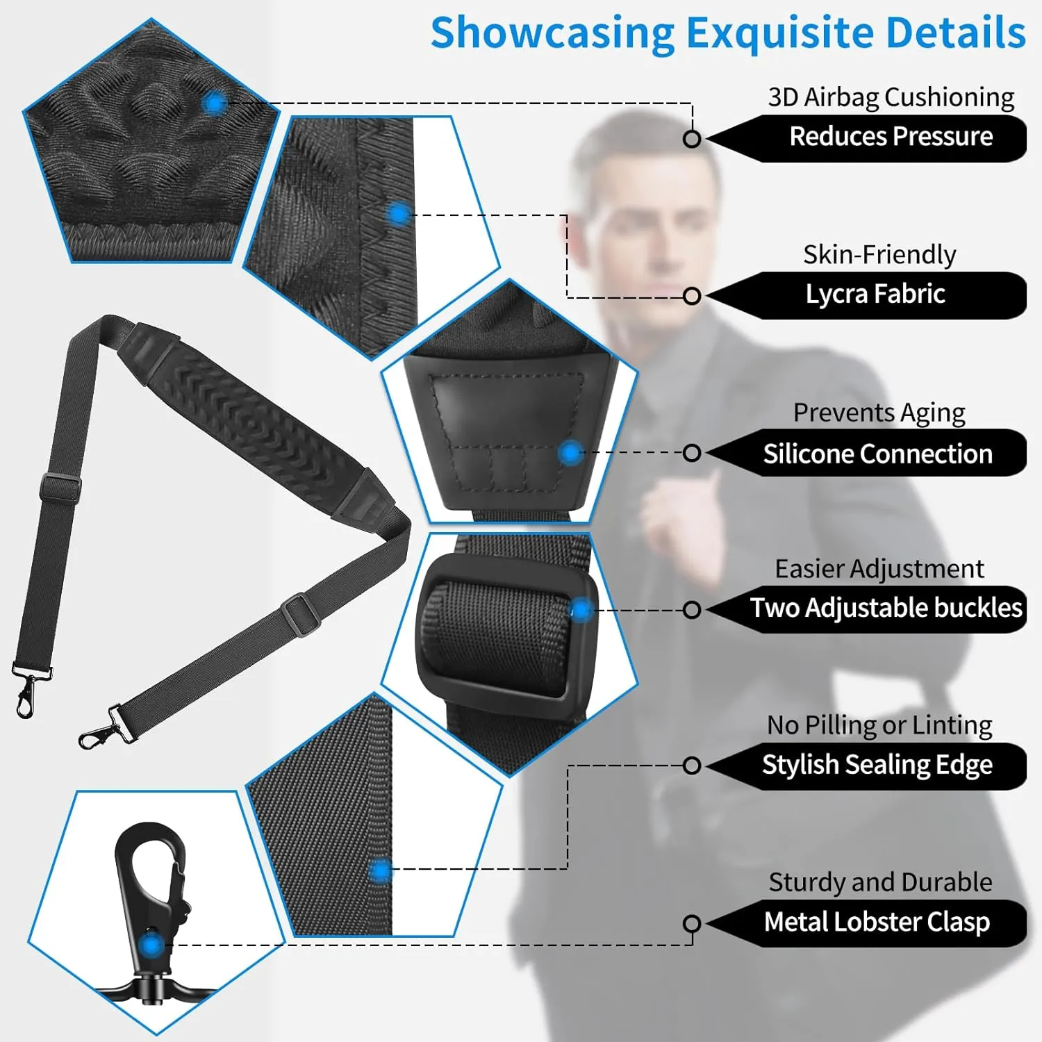 3D Air Cushion Ultra Comfortable Bag Strap, 67" Thicken Shoulder Strap with Double Adjustable Buckles and Metal Hooks, Ideal for Laptop Messenger Bag/Crossbody Bag(Reduced Stress)