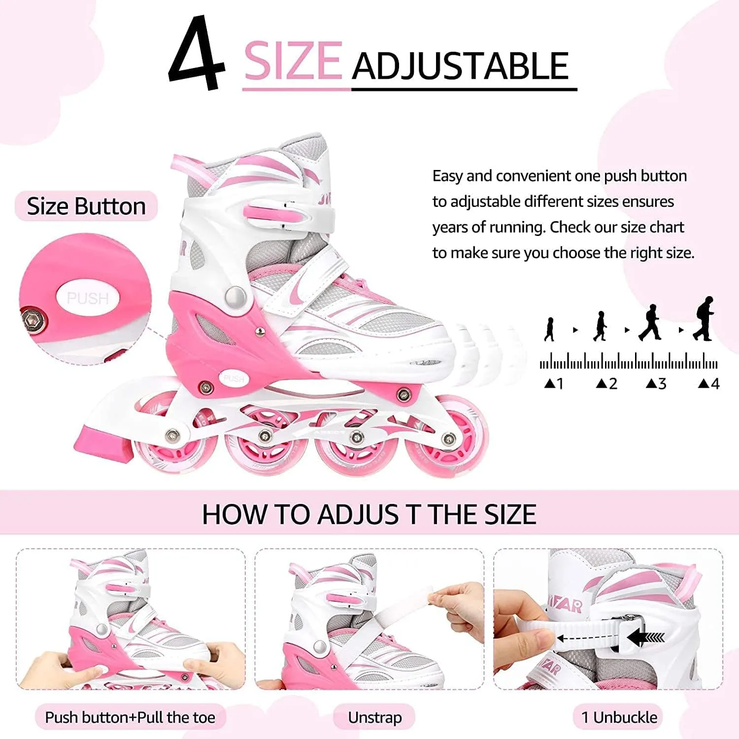 4 Size Adjustable Inline Skate for Kids,Children's Inline Skates with Light Up Wheel,Outdoor Illuminating Roller Skates for Girls,Boys and Beginners