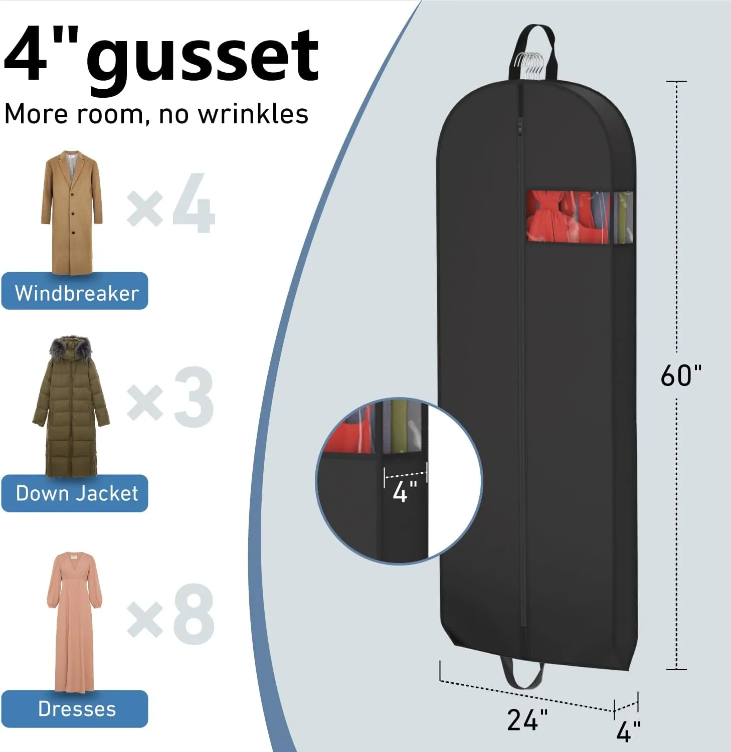 60" Dress Bags for Gowns Long Garment Bags for Travel 4" Gussetes for Hanging Clothes Closet Storage, for Fur Coat Wedding dress Down Jacket 6 Packs
