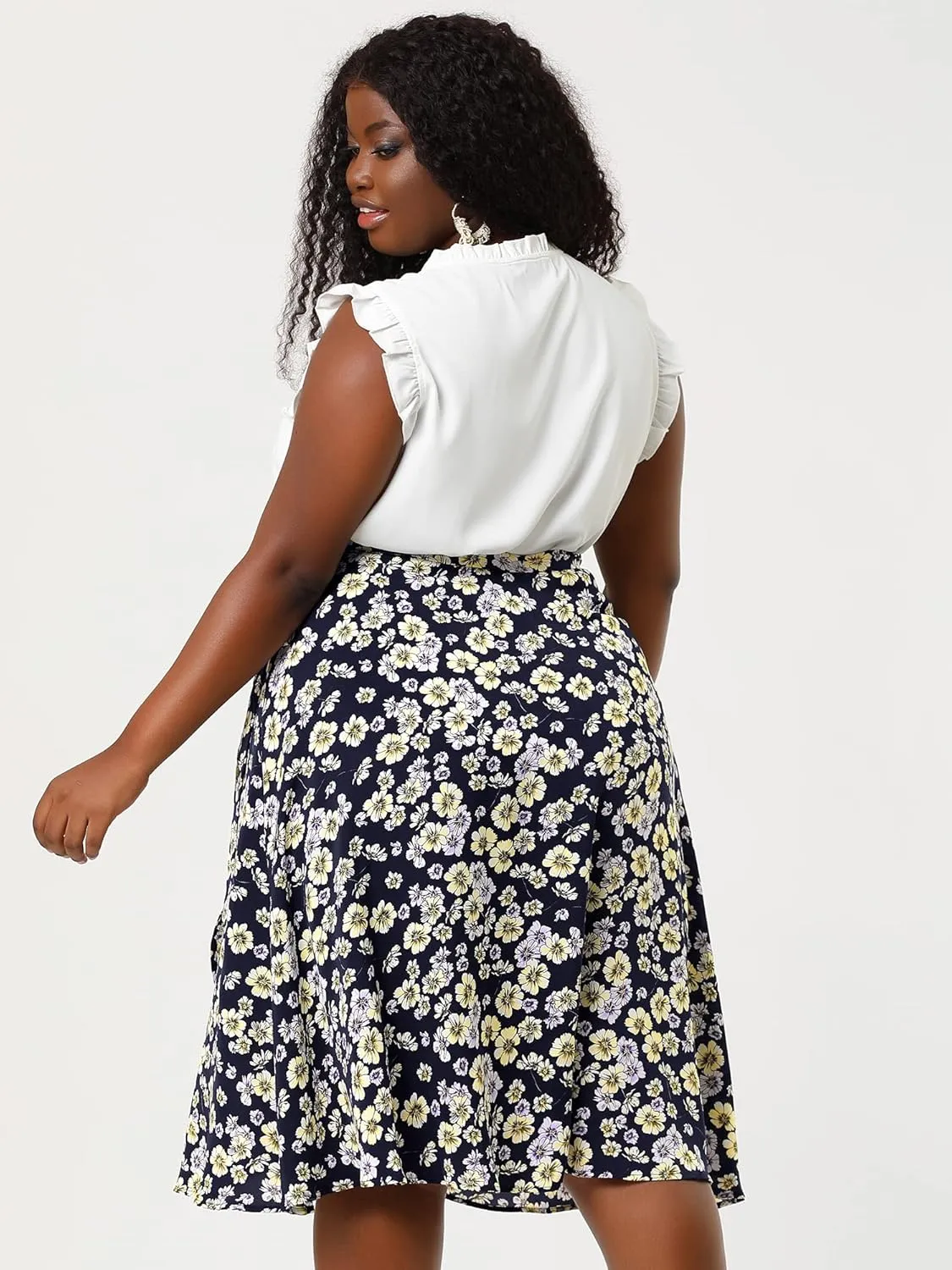 Agnes Orinda Women's Plus Size Boho Floral Wrap Skirts a Line Midi Chic Ruffled Hem High Waisted Skirt