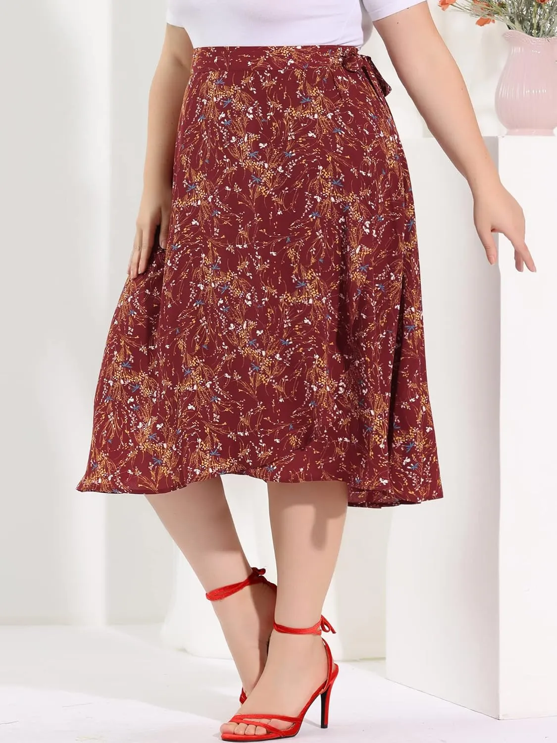 Agnes Orinda Women's Plus Size Boho Floral Wrap Skirts a Line Midi Chic Ruffled Hem High Waisted Skirt