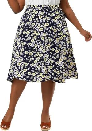 Agnes Orinda Women's Plus Size Boho Floral Wrap Skirts a Line Midi Chic Ruffled Hem High Waisted Skirt
