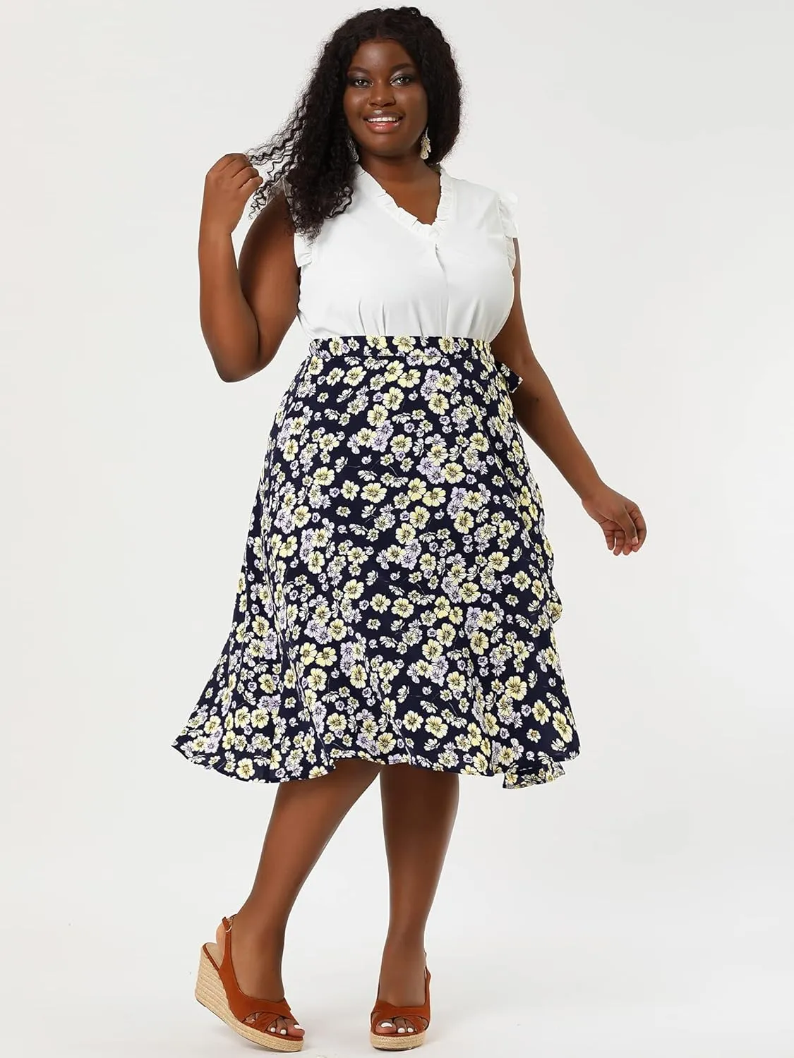 Agnes Orinda Women's Plus Size Boho Floral Wrap Skirts a Line Midi Chic Ruffled Hem High Waisted Skirt