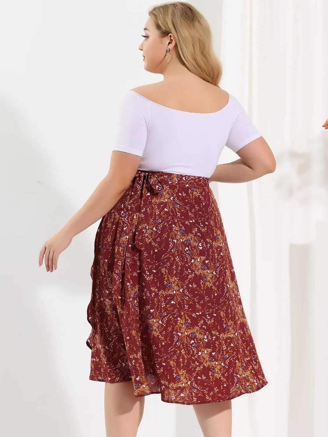 Agnes Orinda Women's Plus Size Boho Floral Wrap Skirts a Line Midi Chic Ruffled Hem High Waisted Skirt
