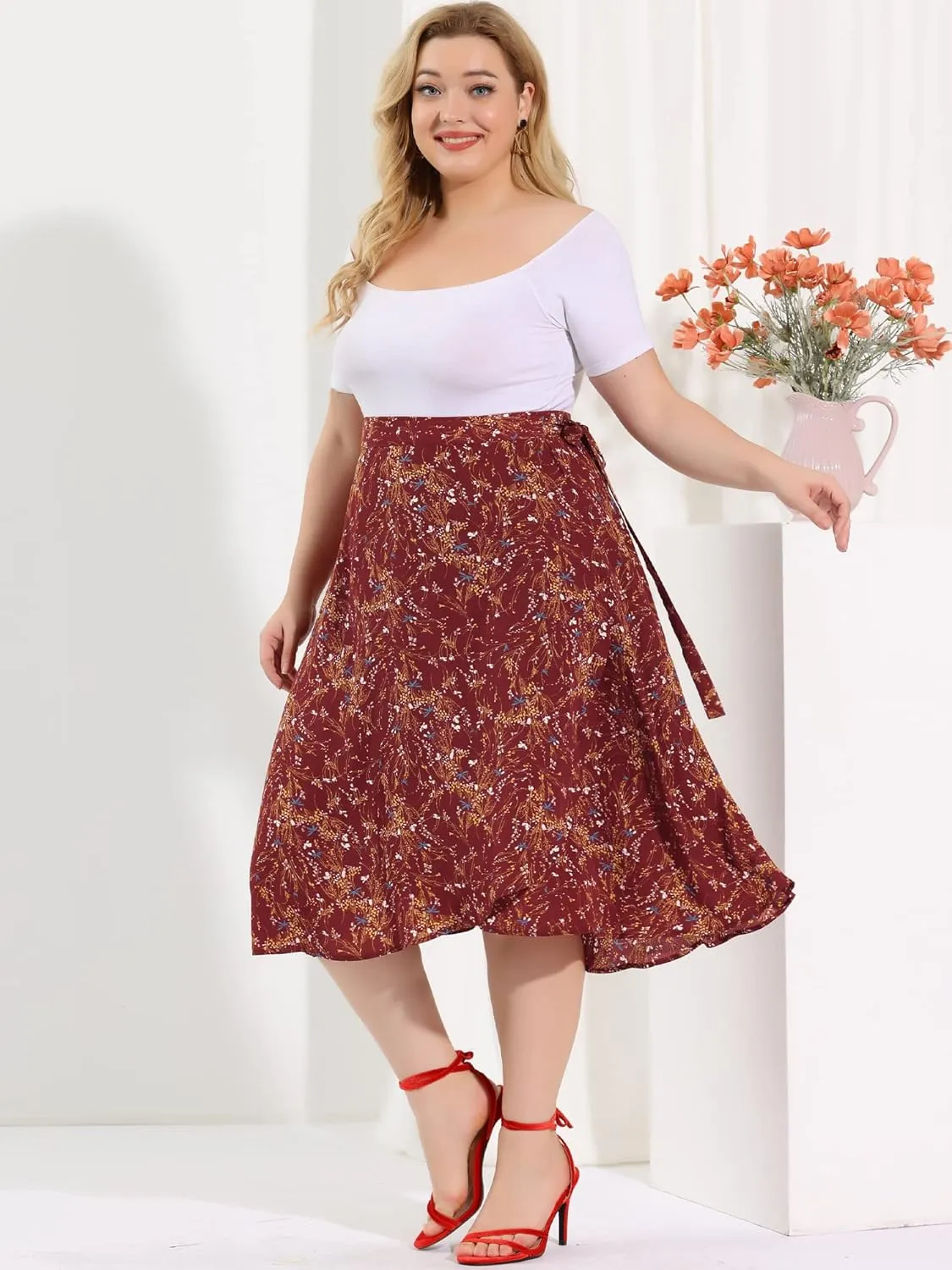 Agnes Orinda Women's Plus Size Boho Floral Wrap Skirts a Line Midi Chic Ruffled Hem High Waisted Skirt