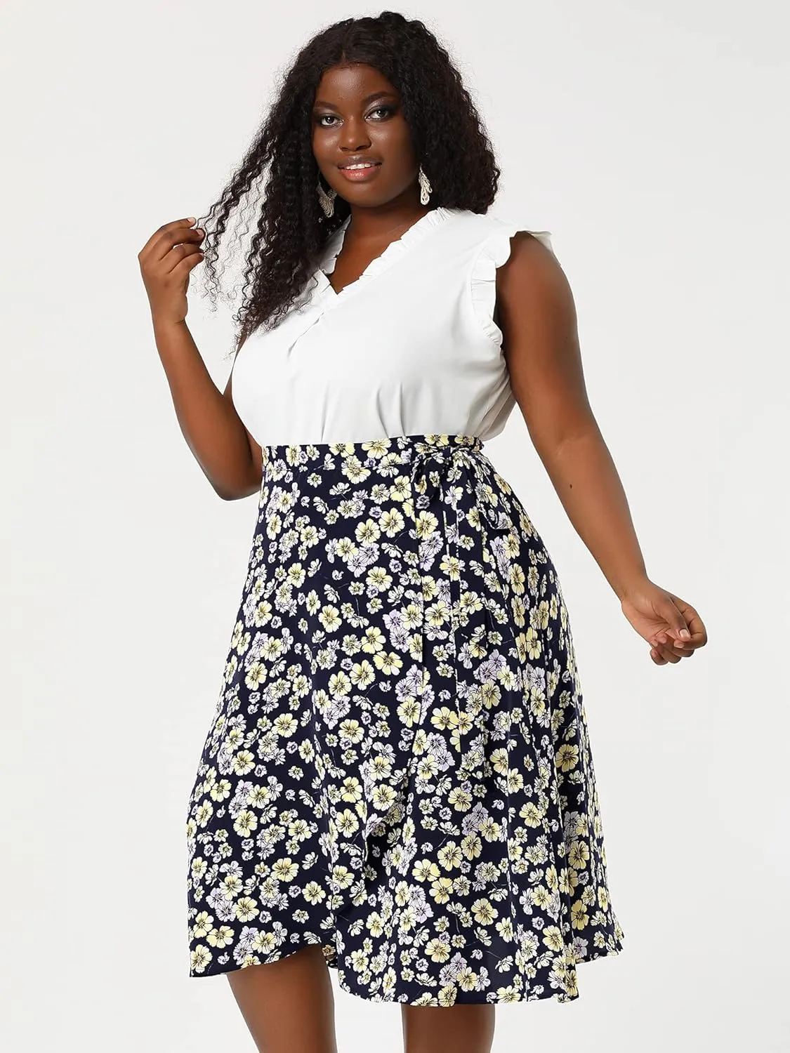 Agnes Orinda Women's Plus Size Boho Floral Wrap Skirts a Line Midi Chic Ruffled Hem High Waisted Skirt