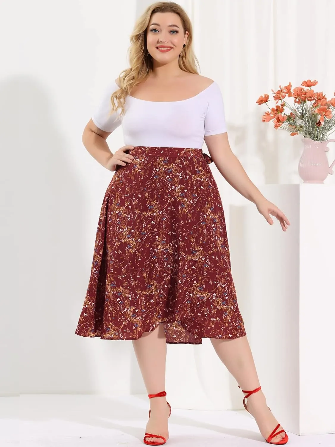 Agnes Orinda Women's Plus Size Boho Floral Wrap Skirts a Line Midi Chic Ruffled Hem High Waisted Skirt