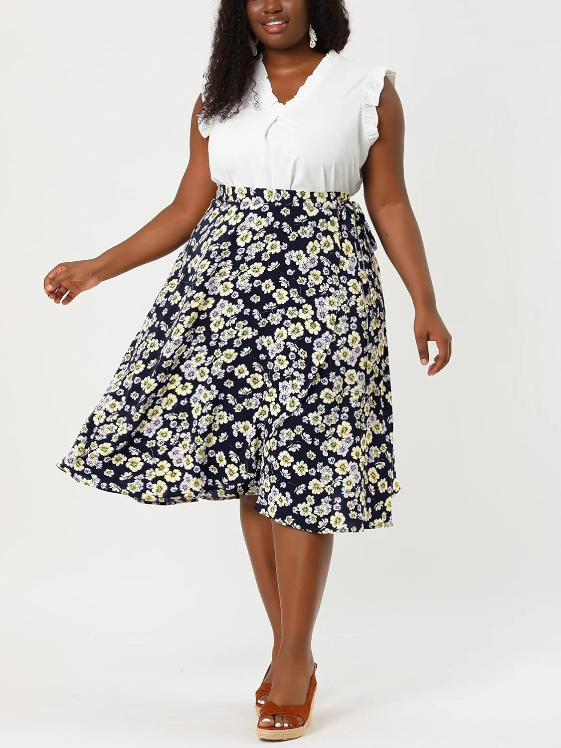 Agnes Orinda Women's Plus Size Boho Floral Wrap Skirts a Line Midi Chic Ruffled Hem High Waisted Skirt
