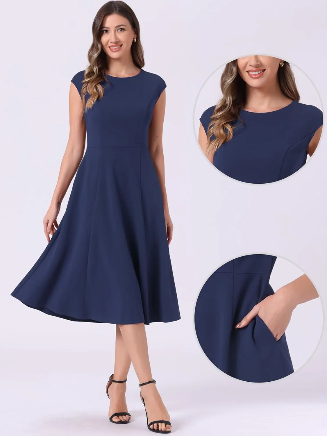 Allegra K Wear to Work Office Dress for Women's 2025 Cap Sleeve with Pockets A-Line Dress