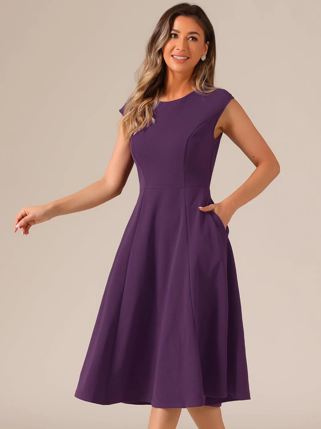 Allegra K Wear to Work Office Dress for Women's 2025 Cap Sleeve with Pockets A-Line Dress
