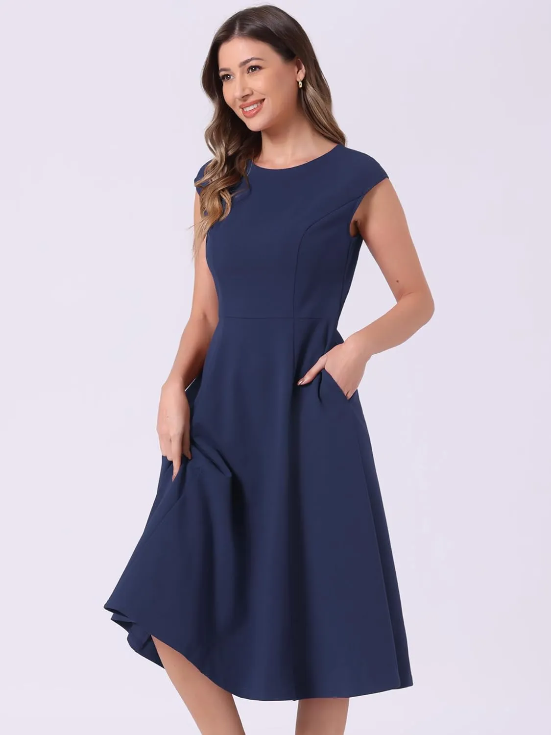 Allegra K Wear to Work Office Dress for Women's 2025 Cap Sleeve with Pockets A-Line Dress