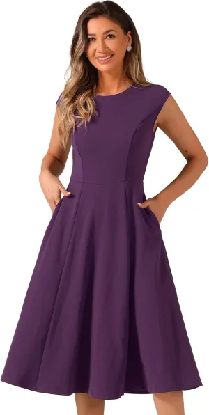 Allegra K Wear to Work Office Dress for Women's 2025 Cap Sleeve with Pockets A-Line Dress
