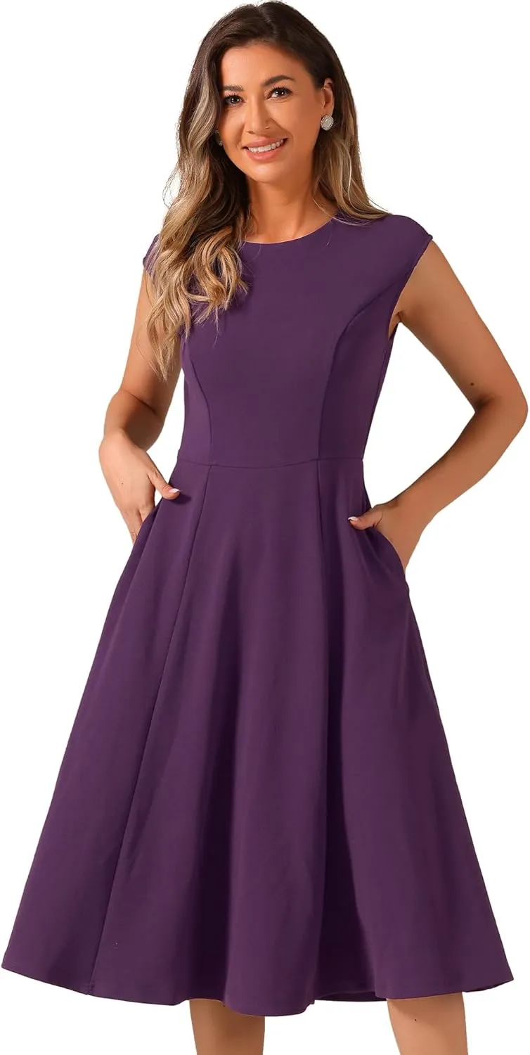 Allegra K Wear to Work Office Dress for Women's 2025 Cap Sleeve with Pockets A-Line Dress