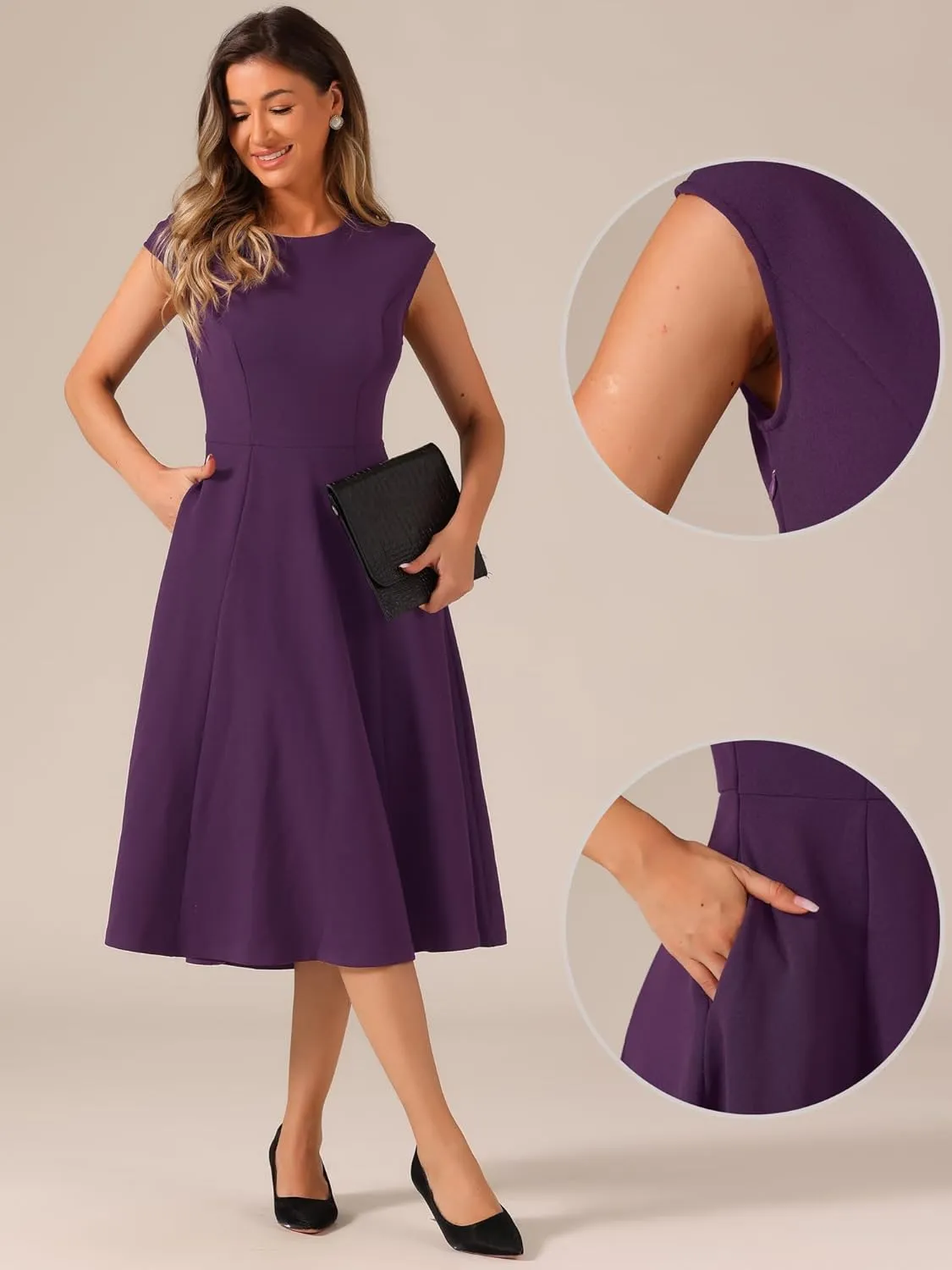 Allegra K Wear to Work Office Dress for Women's 2025 Cap Sleeve with Pockets A-Line Dress
