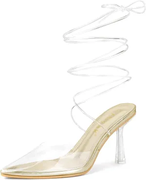 Allegra K Women's Clear Heels Lace Up Strappy Stiletto Transparent Heel Sandals