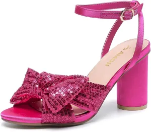 Amoji Women's Block Sequin Heeled 3.7 Inch Sandal Bowknot Ankle Strap Wedding Party Dress Shoes 304