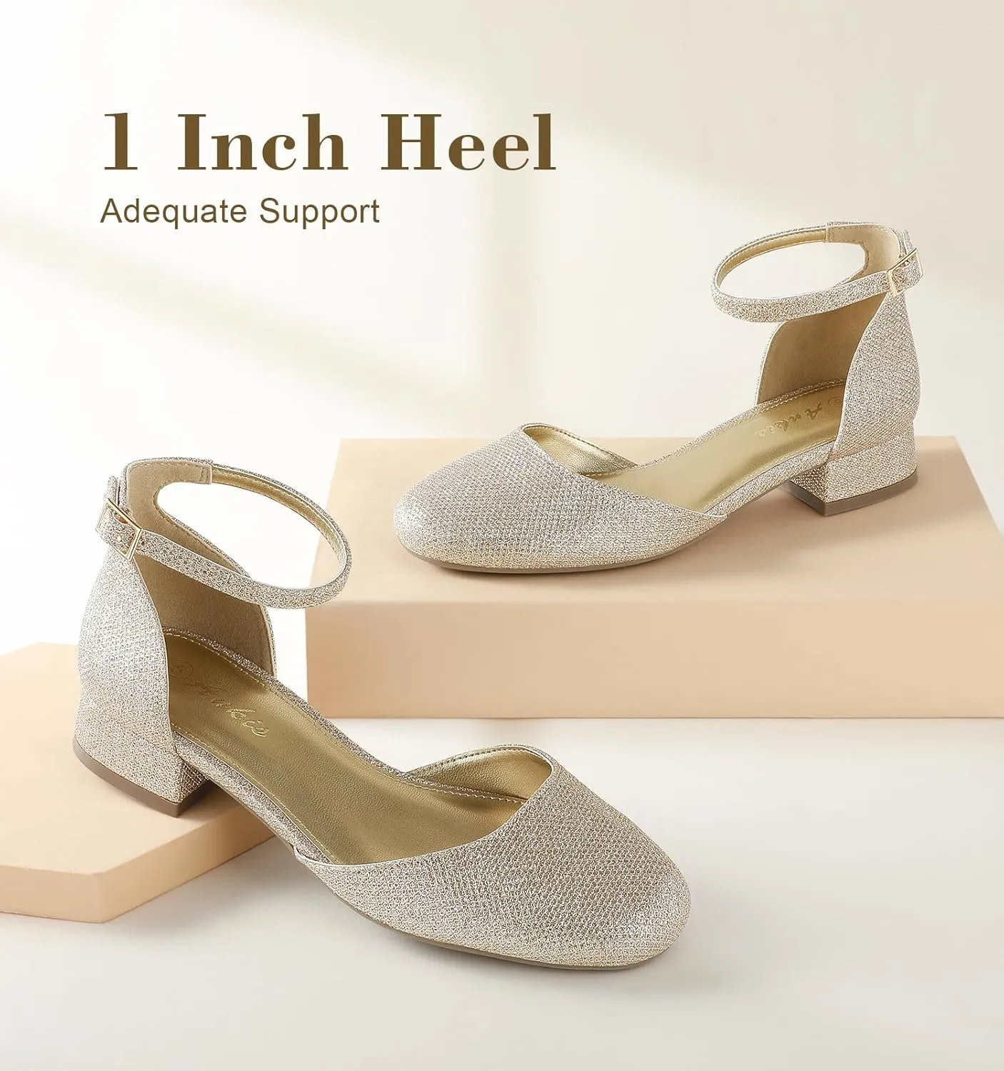 Ankis Closed Toe Heels for Women, Black Nude White Gold Silver 1 Inch Women's Flats Low Block Heel Women Dress Shoes Womens Pumps Work Shoes with Ankle Strap for Spring Fall