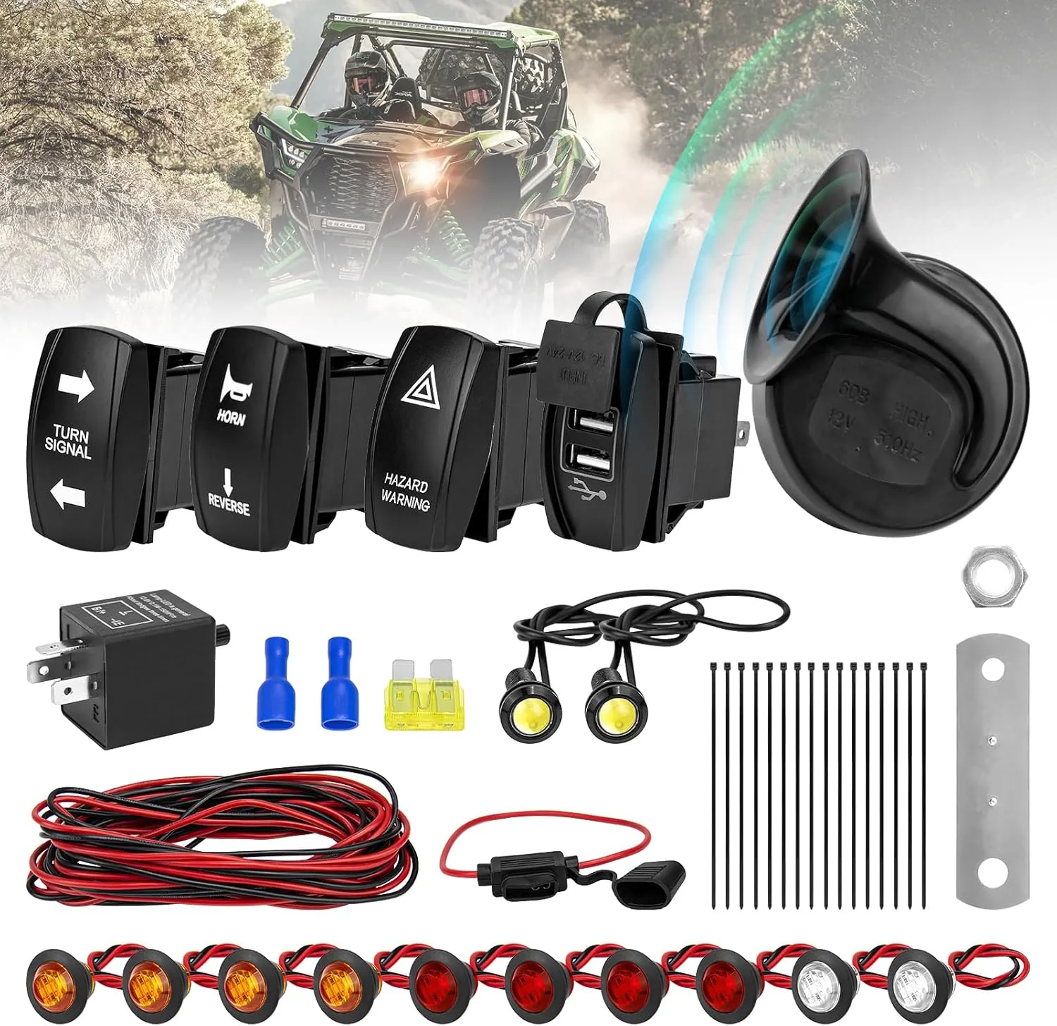 ATV UTV Turn Signal Kit, Universal Street Legal Turn Signal with Toggle Switch & 110DB Horn, 2 Ports USB Flasher Relay for Polaris, Can-Am, Kawasaki, Arctic Cat, Pioneer Golf Cart Dune Buggy
