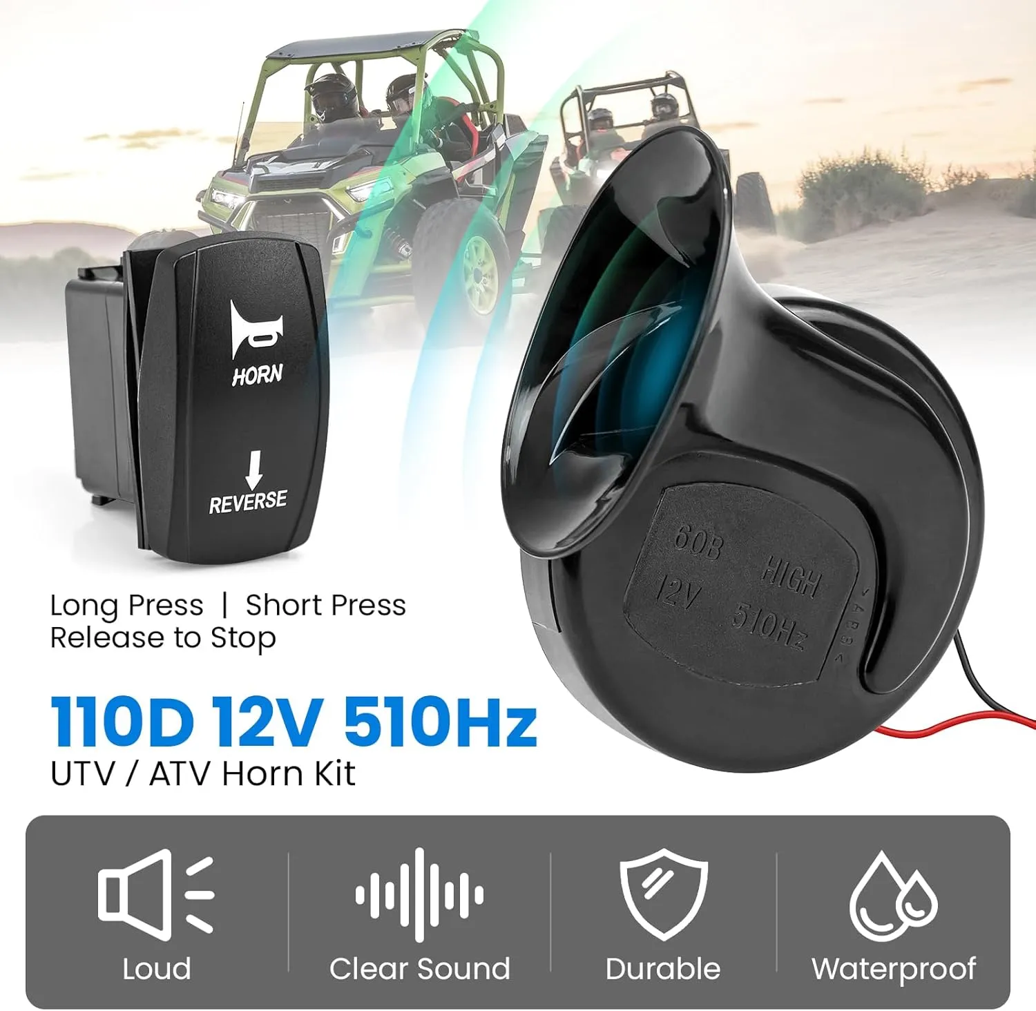 ATV UTV Turn Signal Kit, Universal Street Legal Turn Signal with Toggle Switch & 110DB Horn, 2 Ports USB Flasher Relay for Polaris, Can-Am, Kawasaki, Arctic Cat, Pioneer Golf Cart Dune Buggy