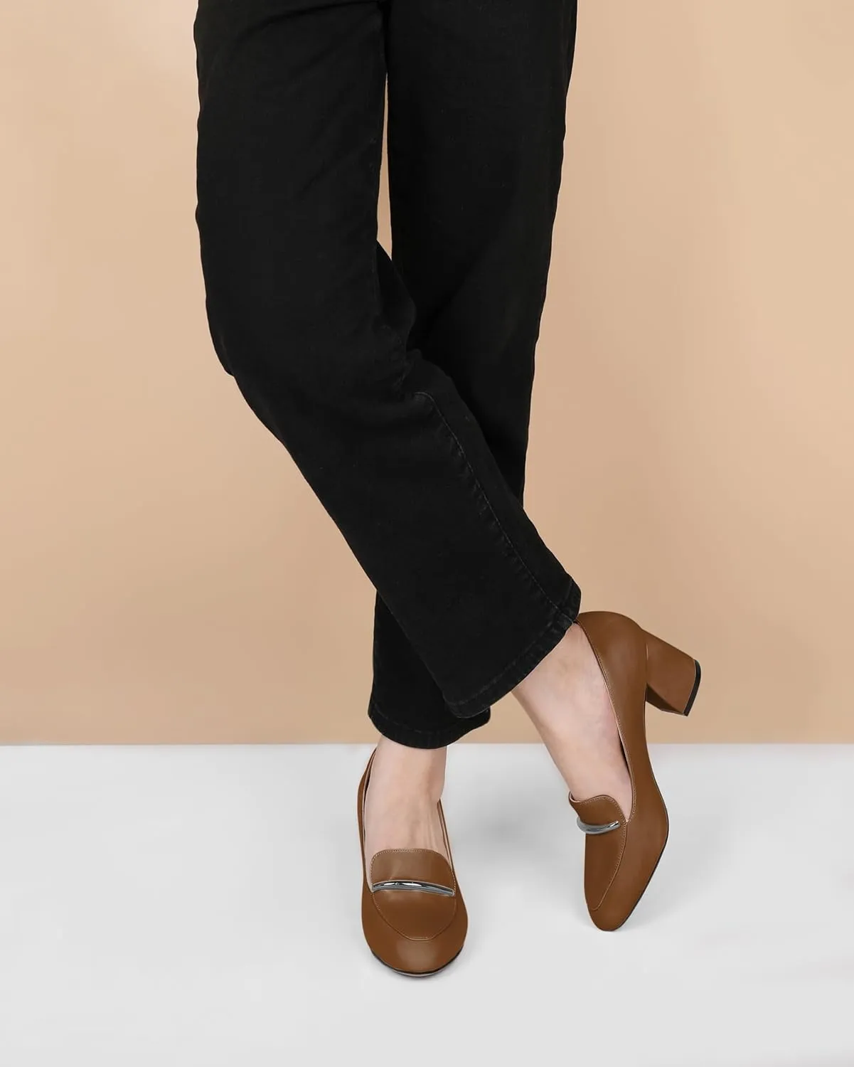 AUMOTED Heeled Loafers for Women Block Heel Loafers Comfortable Round Toe Chunky Pumps Women Work Low Heels Office Shoes 2.5 Inch