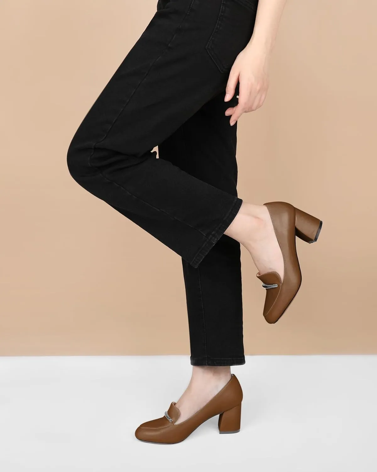 AUMOTED Heeled Loafers for Women Block Heel Loafers Comfortable Round Toe Chunky Pumps Women Work Low Heels Office Shoes 2.5 Inch
