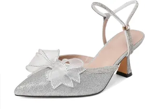 AUMOTED Women Kitten Heel Mules Rhinestone Bow Sandals Pointed Toe Heeled Mule Slip On Low Heels Slipper Glitter Mesh Wedding Bridal Shoes 2.5 Inch