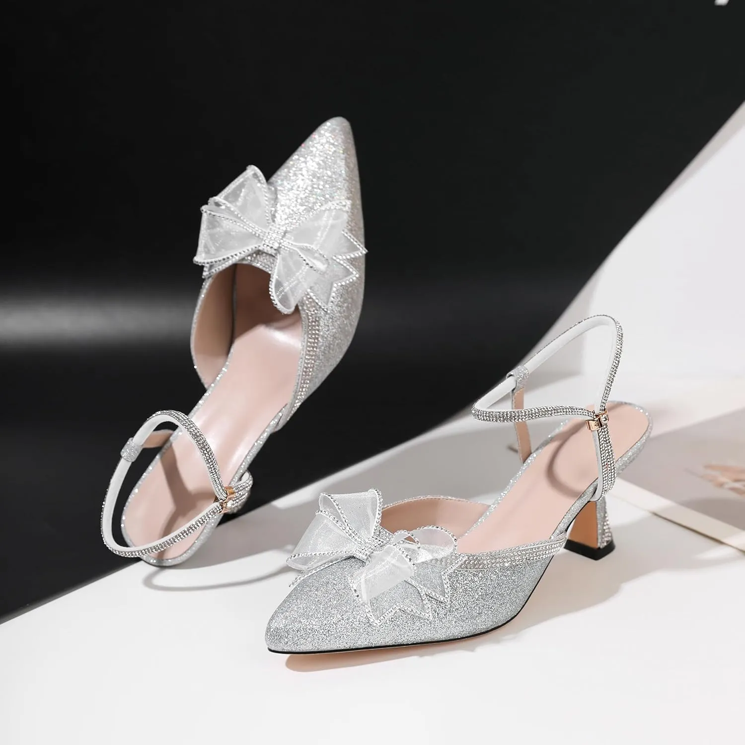 AUMOTED Women Kitten Heel Mules Rhinestone Bow Sandals Pointed Toe Heeled Mule Slip On Low Heels Slipper Glitter Mesh Wedding Bridal Shoes 2.5 Inch