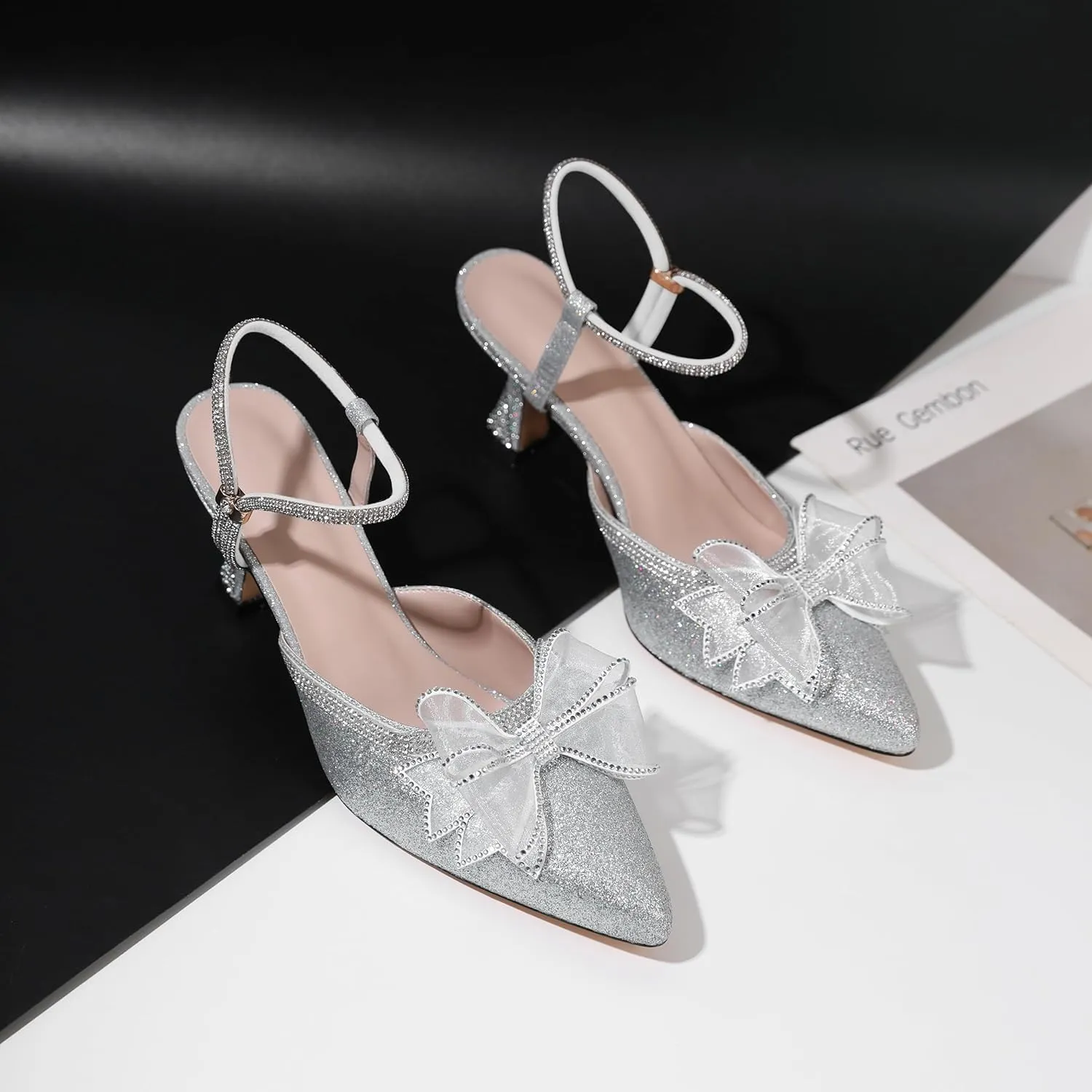 AUMOTED Women Kitten Heel Mules Rhinestone Bow Sandals Pointed Toe Heeled Mule Slip On Low Heels Slipper Glitter Mesh Wedding Bridal Shoes 2.5 Inch