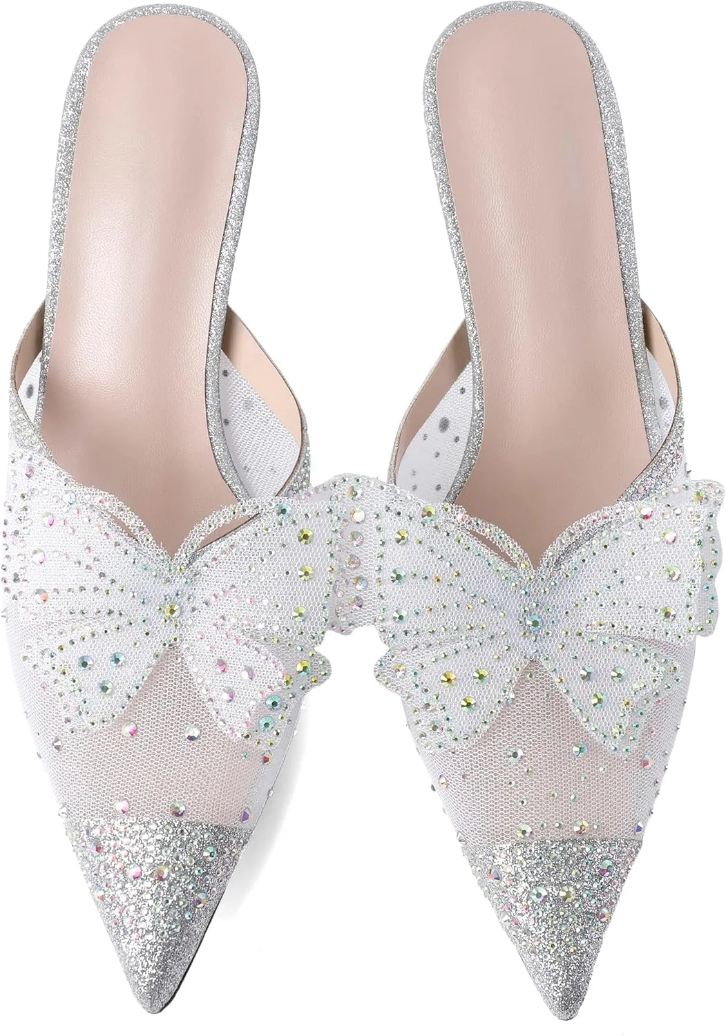 AUMOTED Women Kitten Heel Mules Rhinestone Bow Sandals Pointed Toe Heeled Mule Slip On Low Heels Slipper Glitter Mesh Wedding Bridal Shoes 2.5 Inch