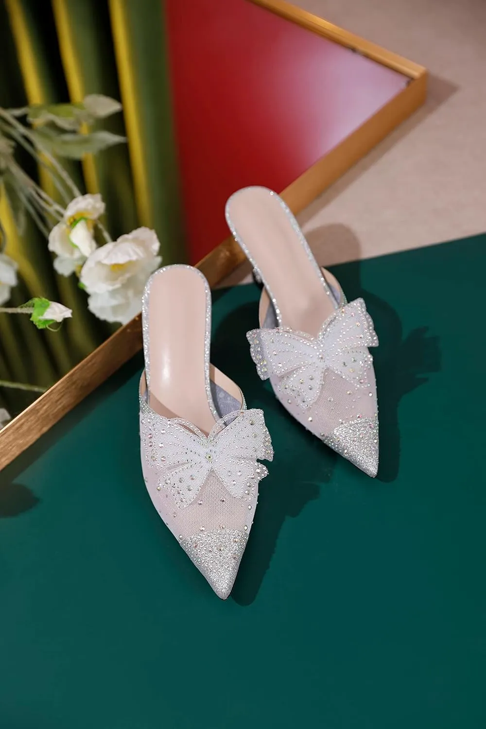 AUMOTED Women Kitten Heel Mules Rhinestone Bow Sandals Pointed Toe Heeled Mule Slip On Low Heels Slipper Glitter Mesh Wedding Bridal Shoes 2.5 Inch