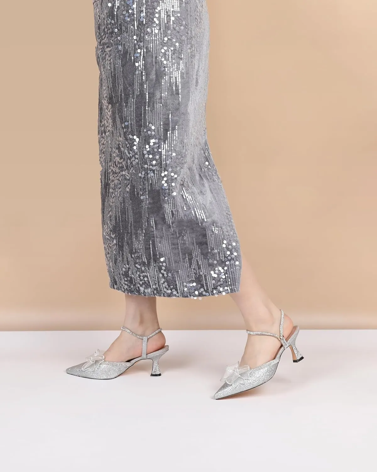 AUMOTED Women Kitten Heel Mules Rhinestone Bow Sandals Pointed Toe Heeled Mule Slip On Low Heels Slipper Glitter Mesh Wedding Bridal Shoes 2.5 Inch