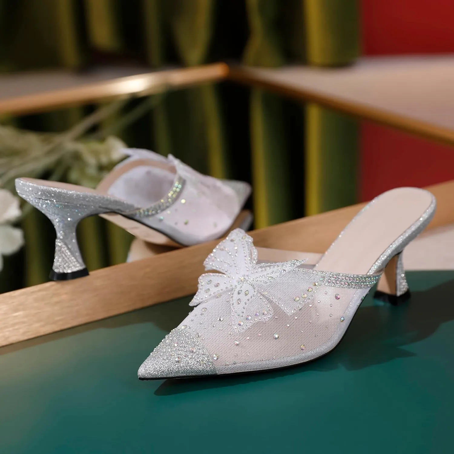 AUMOTED Women Kitten Heel Mules Rhinestone Bow Sandals Pointed Toe Heeled Mule Slip On Low Heels Slipper Glitter Mesh Wedding Bridal Shoes 2.5 Inch