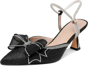 AUMOTED Women Kitten Heel Mules Rhinestone Bow Sandals Pointed Toe Heeled Mule Slip On Low Heels Slipper Glitter Mesh Wedding Bridal Shoes 2.5 Inch