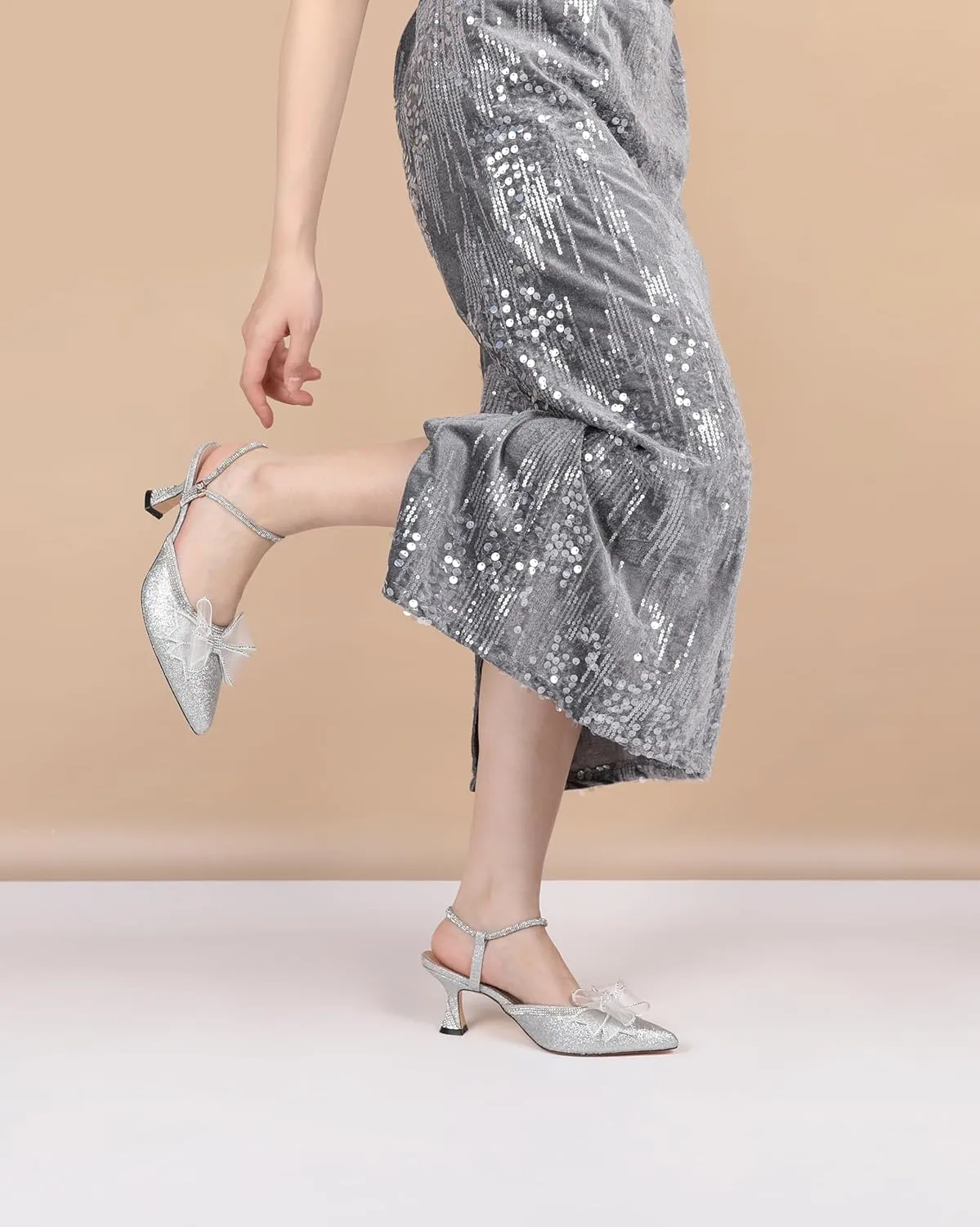 AUMOTED Women Kitten Heel Mules Rhinestone Bow Sandals Pointed Toe Heeled Mule Slip On Low Heels Slipper Glitter Mesh Wedding Bridal Shoes 2.5 Inch