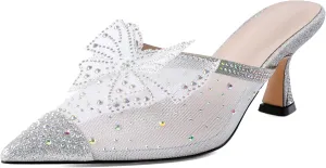 AUMOTED Women Kitten Heel Mules Rhinestone Bow Sandals Pointed Toe Heeled Mule Slip On Low Heels Slipper Glitter Mesh Wedding Bridal Shoes 2.5 Inch