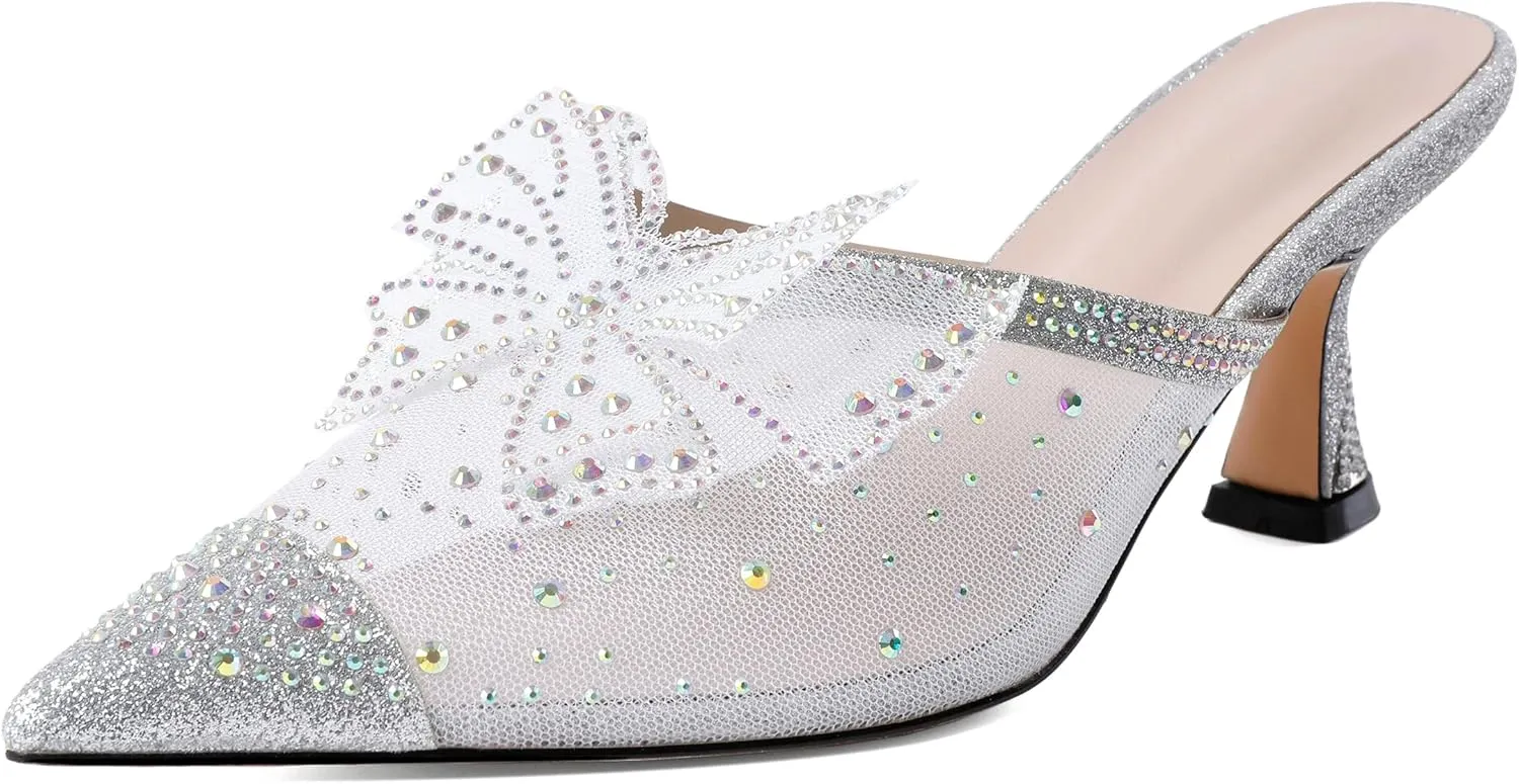 AUMOTED Women Kitten Heel Mules Rhinestone Bow Sandals Pointed Toe Heeled Mule Slip On Low Heels Slipper Glitter Mesh Wedding Bridal Shoes 2.5 Inch