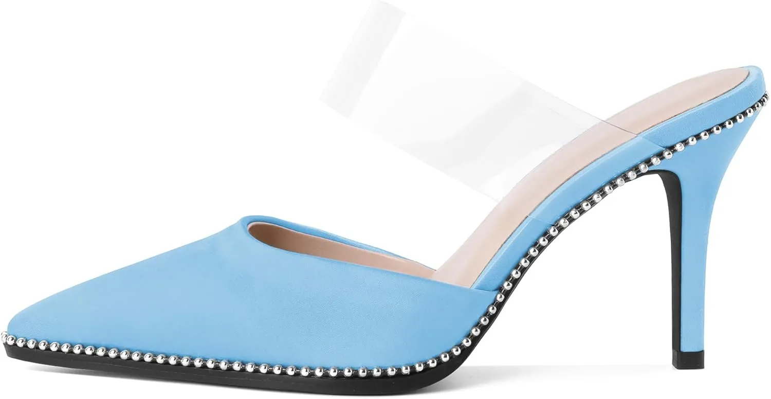 AUMOTED Women Stilettos High Heels Beaded Pumps Closed Pointed Toe Shoes Slip On 3.5 Inch Heeled Mules with PVC Official Business Shoes US Size 5-13